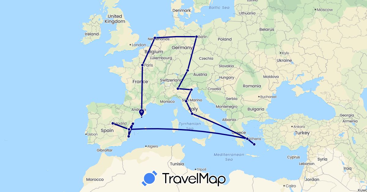 TravelMap itinerary: driving in Germany, Spain, France, Greece, Italy, Netherlands (Europe)